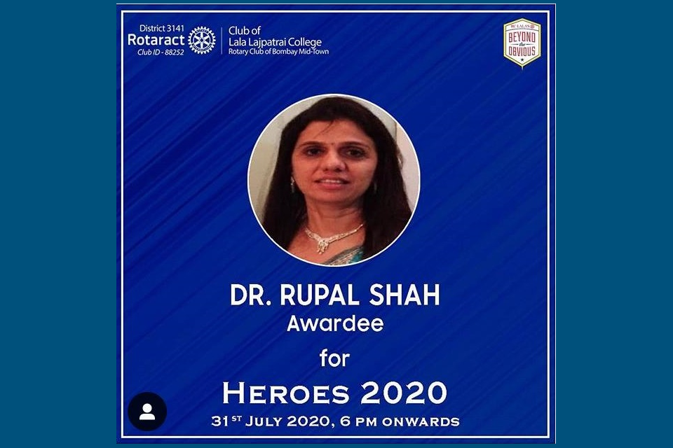 Dr. Rupal Shah is awarded as a Quarantine Hero